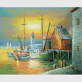 Λιμάνι ελαιογραφίας βαρκών Sailling, σύγχρονη ζωγραφική τοπίων ηλιοβασιλέματος