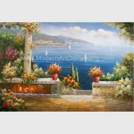 Μεσογειακό λιμάνι διακοπών ελαιογραφίας τοπίων θάλασσας τέχνης τοίχων κήπων
