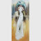 Κυρία ελαιογραφίας σύγχρονης τέχνης καμβά στο άσπρο φόρεμα που καλύπτεται με το λεπτό πλαστικό στρώμα